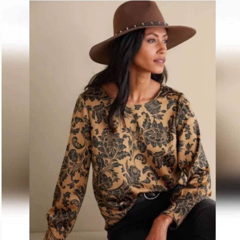 Soft Surroundings Maiya Brown Floral Round Neck Long Sleeve Blouse XL Feminine